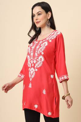 Traditional red colour chickenkari embroidery work ethnic short casual kurti 3