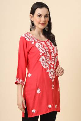 Traditional red colour chickenkari embroidery work ethnic short casual kurti 4