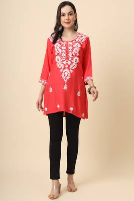 Traditional red colour chickenkari embroidery work ethnic short casual kurti 5