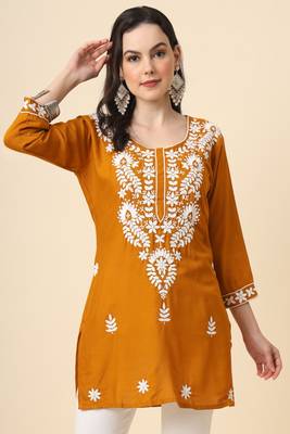Traditional mustard colour chickenkari embroidery work ethnic short casual kurti 1