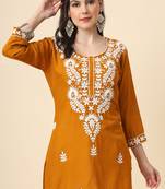 Traditional mustard colour chickenkari embroidery work ethnic short casual kurti