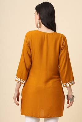 Traditional mustard colour chickenkari embroidery work ethnic short casual kurti 2