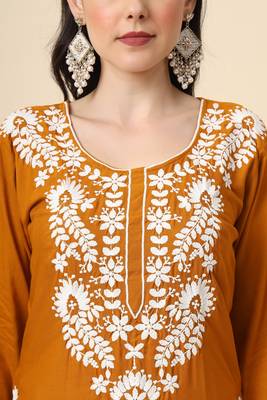 Traditional mustard colour chickenkari embroidery work ethnic short casual kurti 3