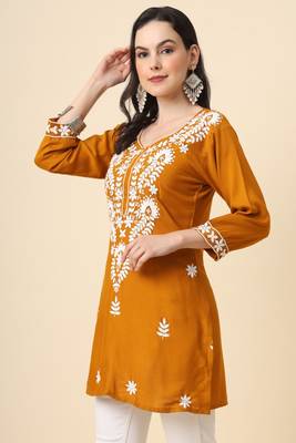 Traditional mustard colour chickenkari embroidery work ethnic short casual kurti 4