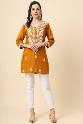 Traditional mustard colour chickenkari embroidery work ethnic short casual kurti 5