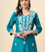 Traditional blue colour chickenkari embroidery work ethnic short casual kurti
