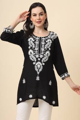Traditional black colour chickenkari embroidery work ethnic short casual kurti 1