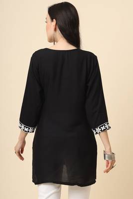 Traditional black colour chickenkari embroidery work ethnic short casual kurti 2