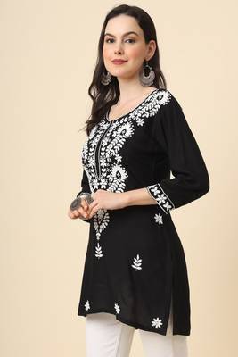 Traditional black colour chickenkari embroidery work ethnic short casual kurti 3