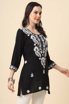 Traditional black colour chickenkari embroidery work ethnic short casual kurti 4