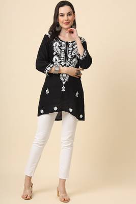 Traditional black colour chickenkari embroidery work ethnic short casual kurti 5