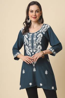 Traditional grey colour chickenkari embroidery work ethnic short casual kurti 1
