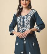 Traditional grey colour chickenkari embroidery work ethnic short casual kurti
