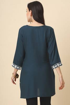 Traditional grey colour chickenkari embroidery work ethnic short casual kurti 2