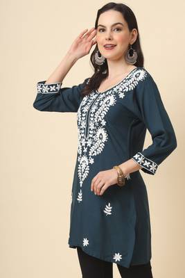 Traditional grey colour chickenkari embroidery work ethnic short casual kurti 3