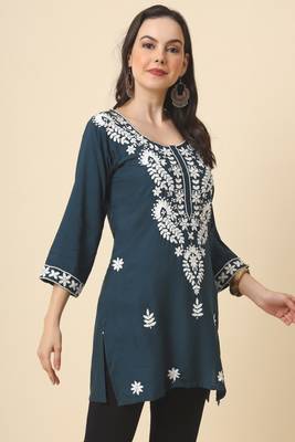 Traditional grey colour chickenkari embroidery work ethnic short casual kurti 4
