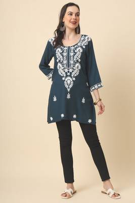 Traditional grey colour chickenkari embroidery work ethnic short casual kurti 5