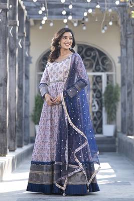 Beautiful off white colour smart printed partywear gown dupatta with embroidery and hand work 1