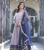 Beautiful off white colour smart printed partywear gown dupatta with embroidery and hand work