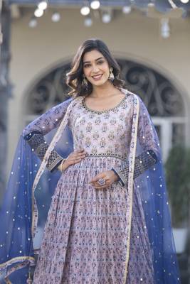 Beautiful off white colour smart printed partywear gown dupatta with embroidery and hand work 2