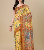 Beautiful figure print mustard colour linen saree for fancy looks
