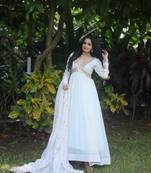 Heavy partywear white colour gown with dupatta for glamorous girlish looks