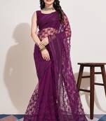Amazingly Beautiful Wine Colour Soft Net Saree With Elegant Resham Embroidery Work