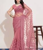 Amazingly Beautiful Onion Colour Soft Net Saree With Elegant Resham Embroidery Work