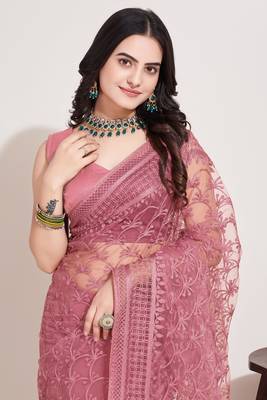 Amazingly Beautiful Onion Colour Soft Net Saree With Elegant Resham Embroidery Work 3