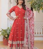 Smart and stylish orange colour heavy partywear gown with dupatta