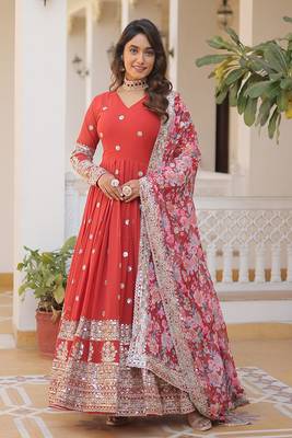 Smart and stylish orange colour heavy partywear gown with dupatta 2