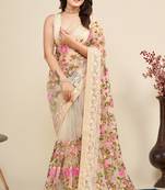 Beige Net Floral Embroidered Saree for Fancy wedding and Events