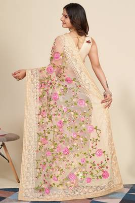 Beige Net Floral Embroidered Saree Fancy wedding and Events 2