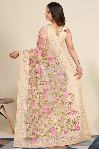 Beige Net Floral Embroidered Saree Fancy wedding and Events