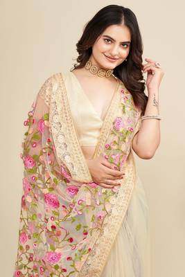 Beige Net Floral Embroidered Saree Fancy wedding and Events 3