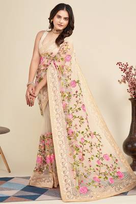 Beige Net Floral Embroidered Saree Fancy wedding and Events 4