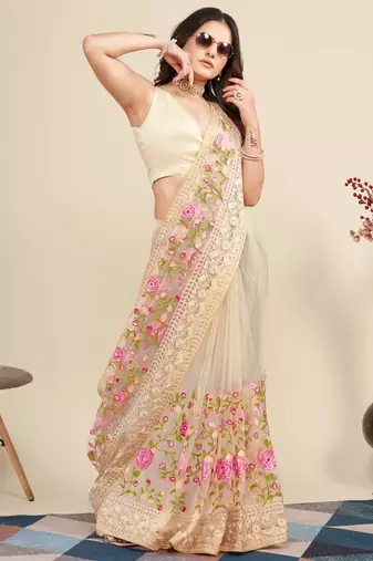 Beige Net Floral Embroidered Saree Fancy wedding and Events