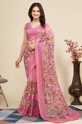  Pink Soft Net Saree With Heavy Thread Embroidery Work 1