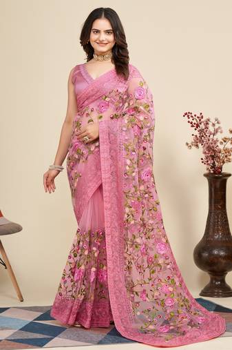  Pink Soft Net Saree With Heavy Thread Embroidery Work