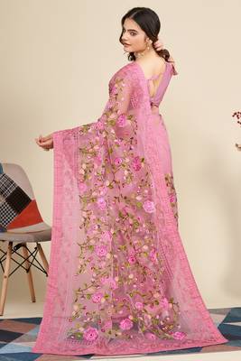  Pink Soft Net Saree With Heavy Thread Embroidery Work 2