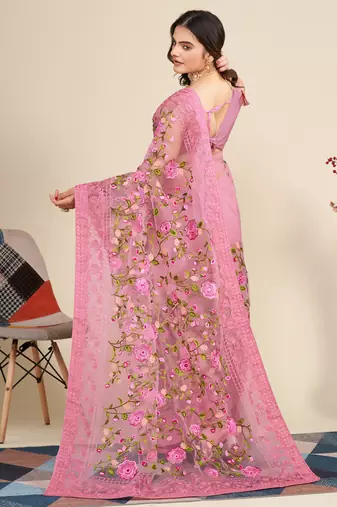  Pink Soft Net Saree With Heavy Thread Embroidery Work