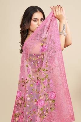  Pink Soft Net Saree With Heavy Thread Embroidery Work 3