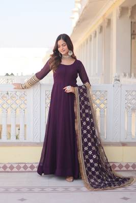 Wine colour stylish heavy work gown with duppatta 2