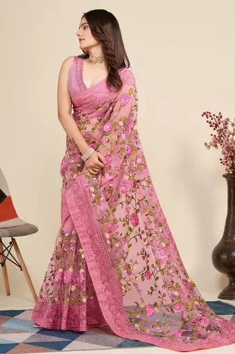  Pink Soft Net Saree With Heavy Thread Embroidery Work