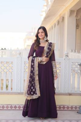 Wine colour stylish heavy work gown with duppatta 4