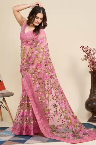  Pink Soft Net Saree With Heavy Thread Embroidery Work