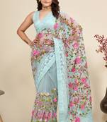  Sky Blue Soft Net Saree With Heavy Thread Embroidery Work