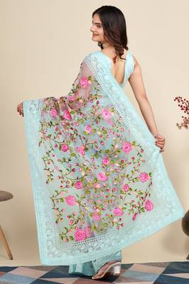  Sky Blue Soft Net Saree With Heavy Thread Embroidery Work 2