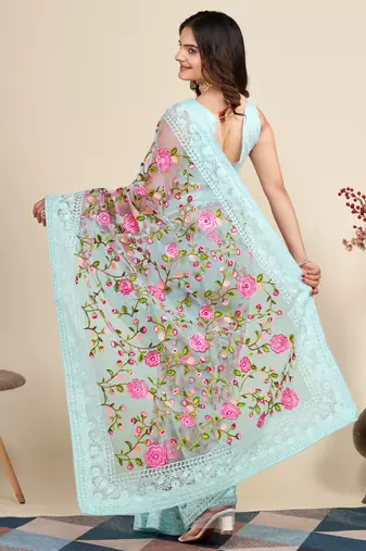  Sky Blue Soft Net Saree With Heavy Thread Embroidery Work