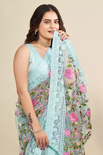  Sky Blue Soft Net Saree With Heavy Thread Embroidery Work